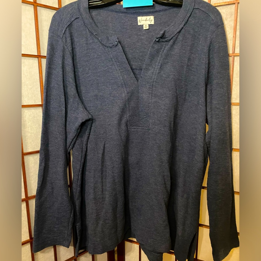 (S75) 1X Wonderly Blue-Grey Waffle Knit Casual Shirt Long Sleeve Shirt